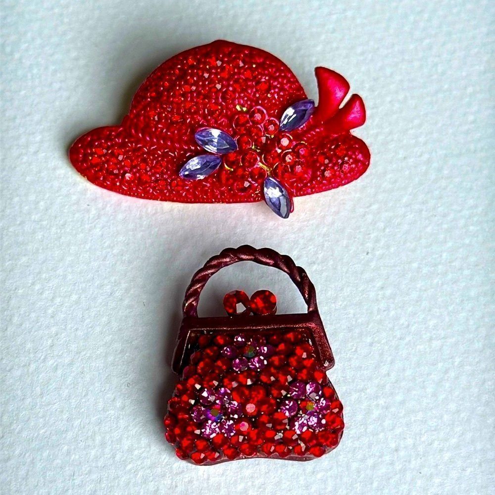 QVC Red Crystal Hat & Purse Brooch Set Pavé Pin Duo